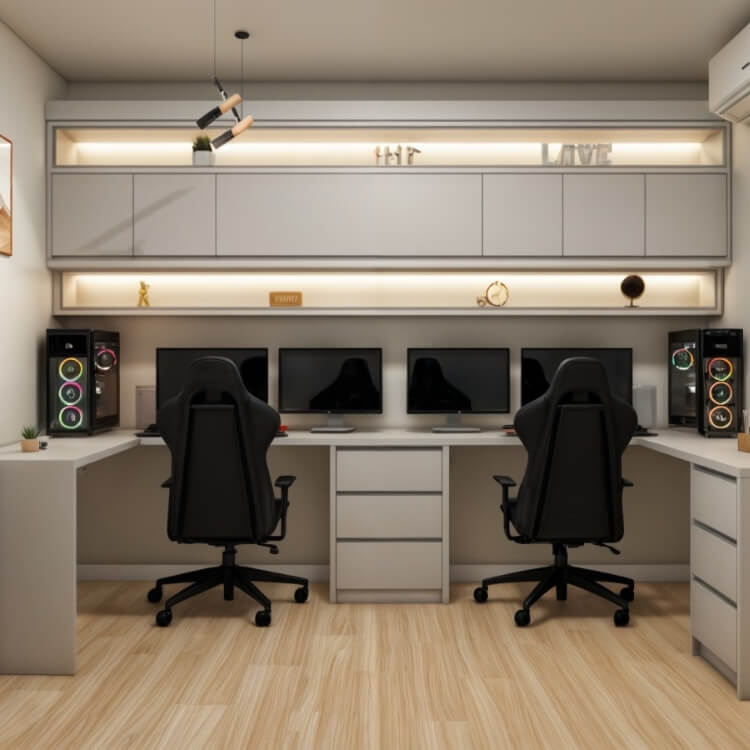 Home Office Duplo com design sofisticado unindo a ergonomia e a harmonia no trabalho compartilhado.
